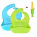 Silicone Baby Bibs, Fitnate Adjustable Waterproof Soft Silicone Baby Bibs, Fast-Drying Bacteria-Resistant Bibs for Babies Toddlers Baby Boy Baby Girl with Baby Teether - 2 Packs (Blue & Green)