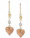 Tricolor Heart & Bead Drop Earrings in 10k Gold, White Gold & Rose Gold