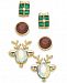 Holiday Lane Gold-Tone 3-Pc. Set Holiday Reindeer & Present Stud Earrings, Created for Macy's