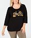 Karen Scott Plus-Size Halloween Cotton Pumpkin Ride Embellished 3/4-Sleeve T-Shirt, Created for Macy's