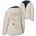 Warmth Of The Wild Women's Lightweight Sherpa Jacket Fully Lined In A Coordinating Blue Jersey Knit Featuring Embroidered Wolf Art On The Back With A Silver-Toned Paw Print Charm Zipper Pull