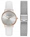 Bcbgmaxazria Ladies Watch Box Set with White Leather Strap and Silver Mesh Bracelet, 36mm