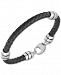 Men's Woven Black Leather Bracelet in Stainless Steel & Black Ion-Plate