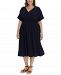 London Times Plus Size V-Neck Rolled-Sleeve Elastic-Waist Midi Dress