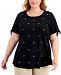 Karen Scott Plus Size Cotton Embellished Tie-Sleeve Top, Created for Macy's
