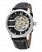 Stuhrling Stainless Steel Case on Black Perforated Alligator Embossed Genuine Leather Strap with White Contrast Stitching, Black Skeletonized Dial, with Silver Tone Accents