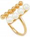 Cultured Freshwater Pearl (4-1/2-5mm) & Polished Bead Bar Cuff Ring in 14k Gold
