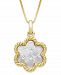 Engraved Mother of Pearl 13mm Flower Shaped Pendant with 18" Chain in Gold over Silver