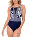 Swim Solutions Rosie Naut High-Neck Mesh-Insert Tummy Control One-Piece Swimsuit, Created for Macy's Women's Swimsuit