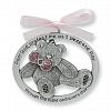 Pretty TEDDY BEAR Crib Medal for Baby GIRL Crib Medal with Verse 4" PEWTER Finish - CHRISTENING/SHOWER GIFT/Baptism KEEPSAKE/with PINK RIBBON - INFANT - Newborn
