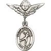 Sterling Silver Baby Badge with St. Sebastian/Figure Skating Charm and Angel w/Wings Badge Pin 7/8 X 3/4 inches