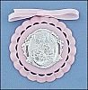 Baby Shower, New Baby Gift, Pink Crib Medal, Blue moulded crib medal features a lattice border surrounding a silver alloy Guardian Angel. Individually boxed, Material: Moulded Size: 3.25" dia