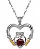 Birthstone (5/8 ct. t. w. ) and Diamond Accent Claddagh Pendant Necklaces in Sterling Silver and 14k Gold