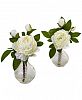 Nearly Natural Peony Artificial Arrangement with Glass Vase, Set of 2