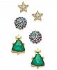 Holiday Lane Gold-Tone 3-Pc. Set Crystal Star, Ball & Tree Stud Earrings, Created for Macy's