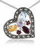 Multi-Color Stones & Marcasite Floating Heart Pendant on 18" Chain in Sterling Silver