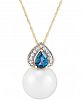 Honora Cultured White Ming Pearl (13mm), Diamond (1/10 ct. t. w. ) & London Blue Topaz (7/8 ct. t. w. ) 18" Pendant Necklace in 14k Gold