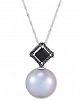Honora Cultured Grey Ming Pearl (13mm), Black Diamond (1/10 ct. t. w. ) & Onyx (7mm) 18" Pendant Necklace in 14k White Gold
