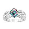 Northern Lights Sterling Silver Ring Featuring A Princess-Cut Aurora Mystic Topaz Centre Stone & Adorned With 2 Cascading Rows Set With 24 White Topaz