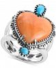 American West Orange Spiny Oyster and Turquoise Heart-Shape Statement Ring in Sterling Silver