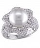 South Sea Cultured Pearl (10-10.5mm) and Diamond (1 ct. t. w. ) Floral Halo Cocktail Ring in 14k White Gold
