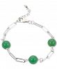 Dyed Green Jade Bead Paperclip Link Bracelet in Sterling Silver