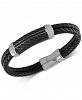 Esquire Men's Jewelry Diamond & Leather Bracelet in Stainless Steel & Black Ion-Plate, Created for Macy's