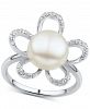 Cultured Freshwater Pearl (10mm) & White Topaz (3/8 ct. t. w. ) Flower Ring in Sterling Silver