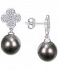 Black Cultured Tahitian Pearl (10mm) & Diamond (1/5 ct. t. w. ) Flower Drop Earrings in 14k White Gold