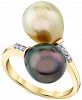Cultured Tahitian Pearl (9mm), Cultured Golden South Sea Pearl (9mm ) & Diamond Accent Bypass Ring in 14k Gold